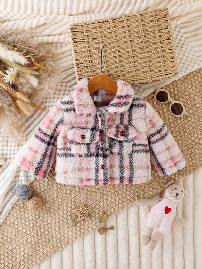 معطف طباعة مربع النقش جيب قلاب الصوف القطبي بدون كنزة صوف للاولاد الاطفال