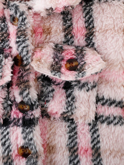 معطف طباعة مربع النقش جيب قلاب الصوف القطبي بدون كنزة صوف للاولاد الاطفال