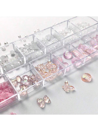 صندوق 12 خليط من القشور القطبية الوردية الصناعية واللؤلؤ لديكورات الأظافر