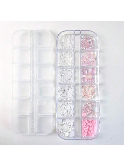 صندوق 12 خليط من القشور القطبية الوردية الصناعية واللؤلؤ لديكورات الأظافر