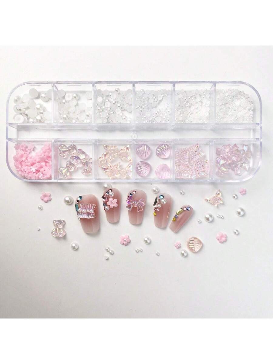 صندوق 12 خليط من القشور القطبية الوردية الصناعية واللؤلؤ لديكورات الأظافر