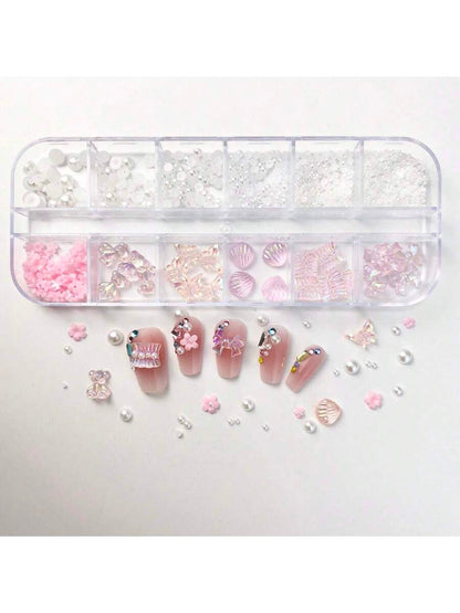 صندوق 12 خليط من القشور القطبية الوردية الصناعية واللؤلؤ لديكورات الأظافر