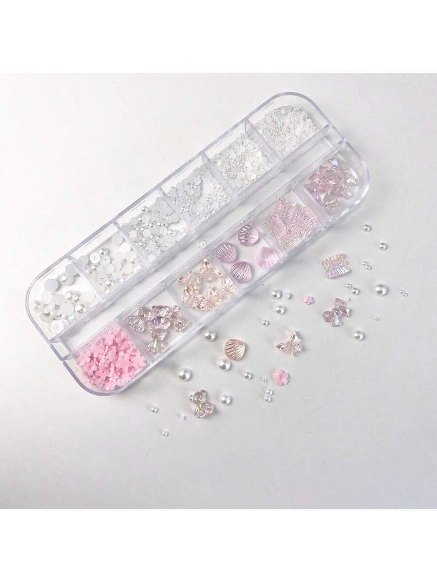 صندوق 12 خليط من القشور القطبية الوردية الصناعية واللؤلؤ لديكورات الأظافر