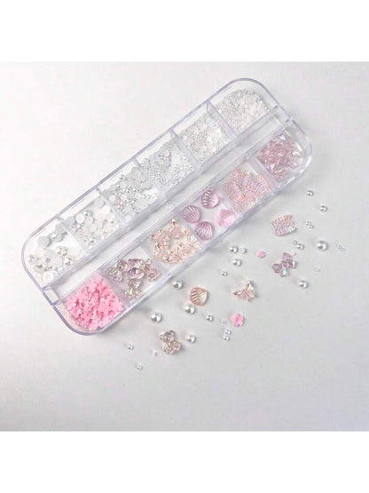 صندوق 12 خليط من القشور القطبية الوردية الصناعية واللؤلؤ لديكورات الأظافر