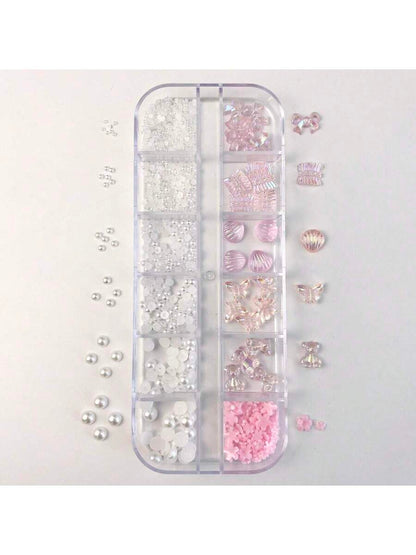 صندوق 12 خليط من القشور القطبية الوردية الصناعية واللؤلؤ لديكورات الأظافر