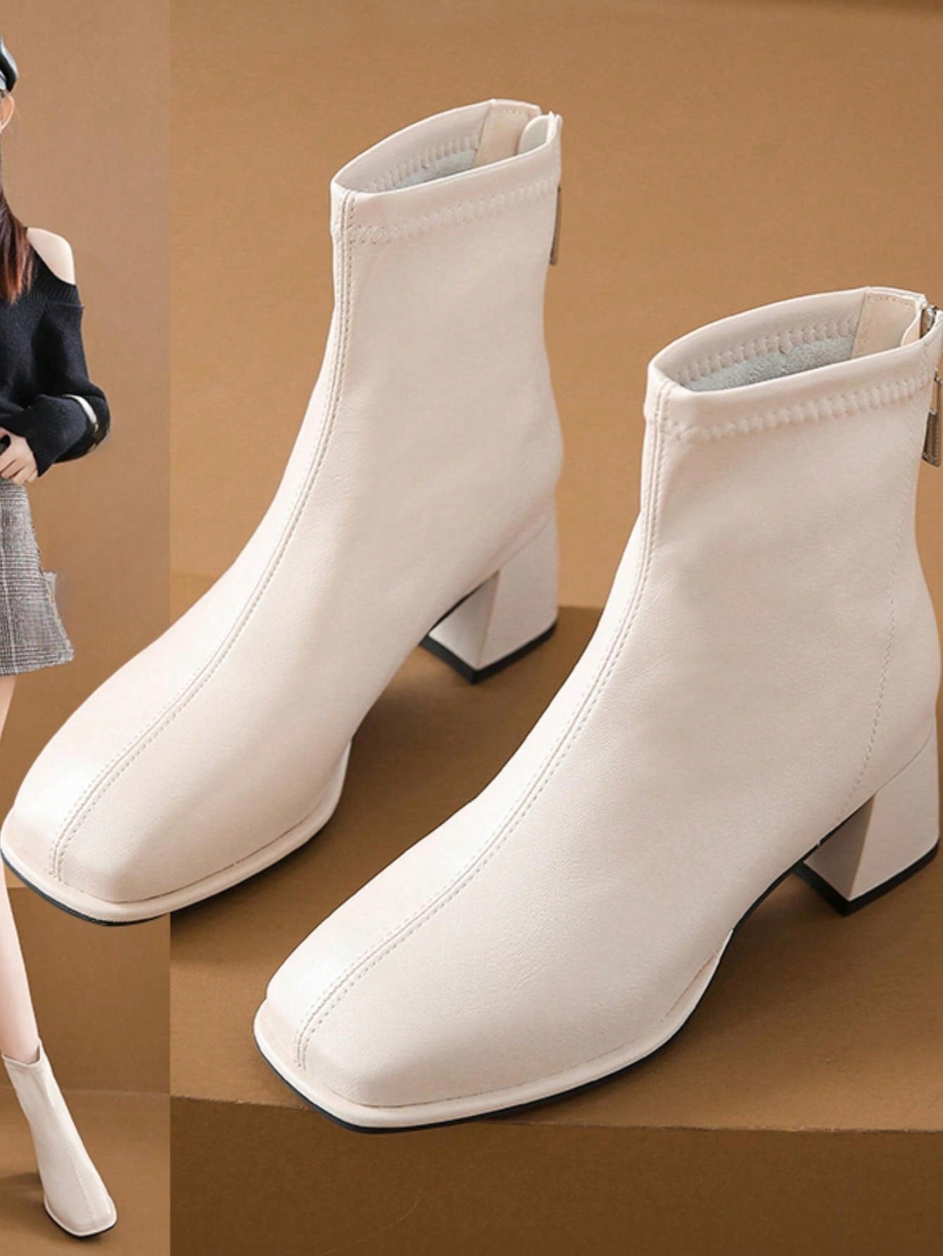 حذاء بوتي مدبب بكعب مرتفع معتدل للسيدات ذوي الكعب السميك بنمط فرنسي نعل مدبب مثالي للفساتين