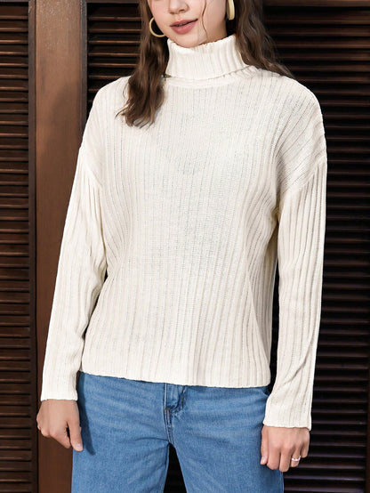 كنزة صوفية كاجوال بياقة عالية وأكمام طويلة وكتف منخفض