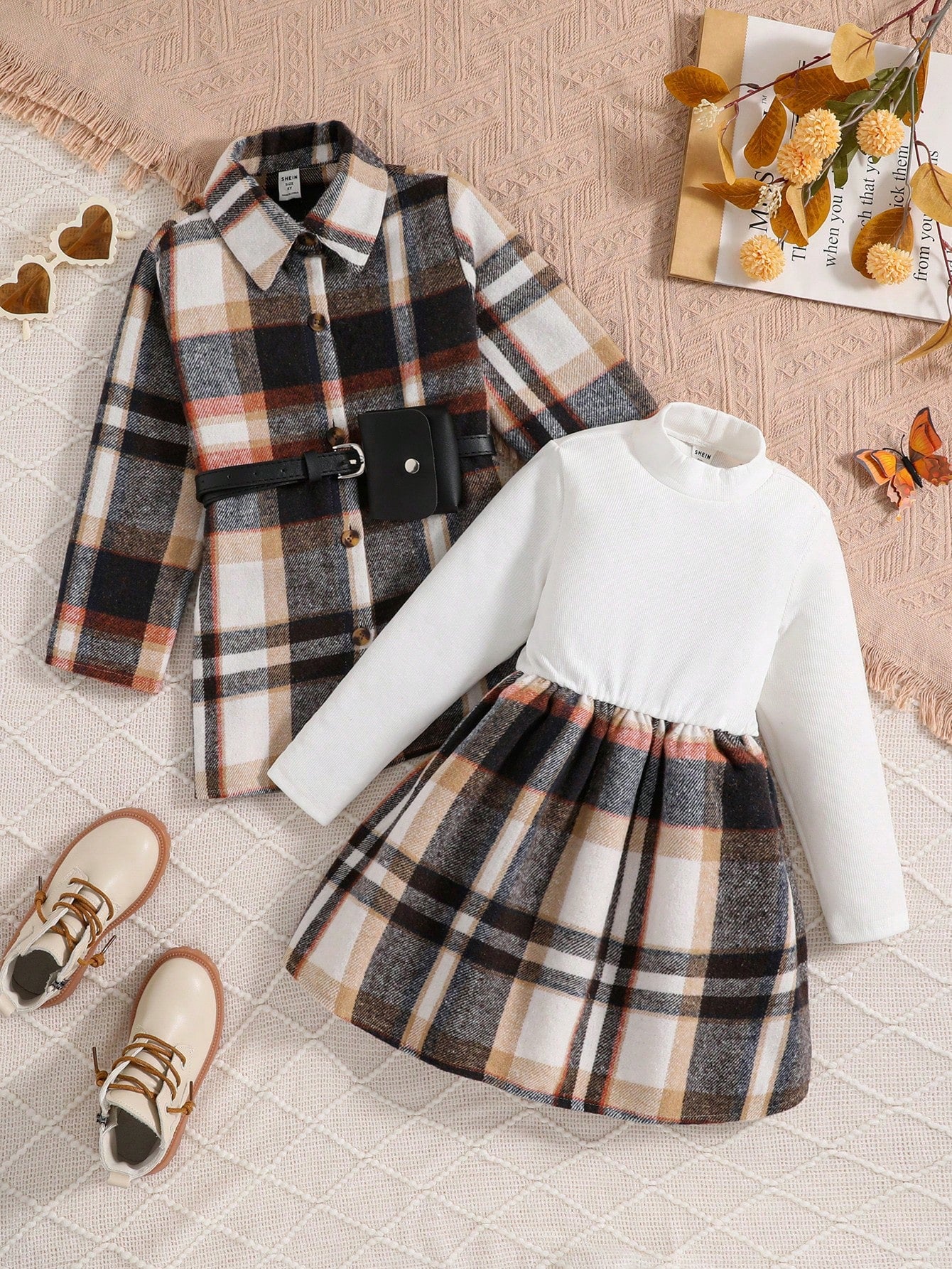 طقم فستان جاكيت منقوش جميل وعصري للفتيات مكون من قطعتين