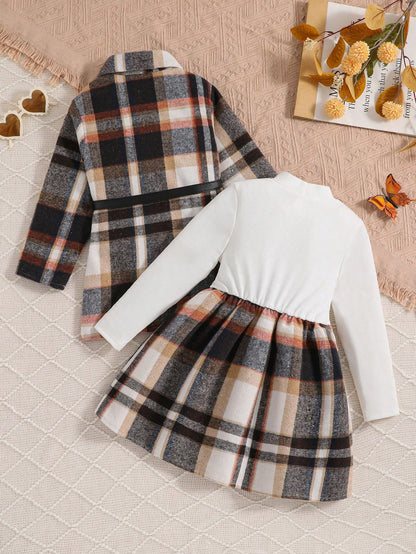 طقم فستان جاكيت منقوش جميل وعصري للفتيات مكون من قطعتين