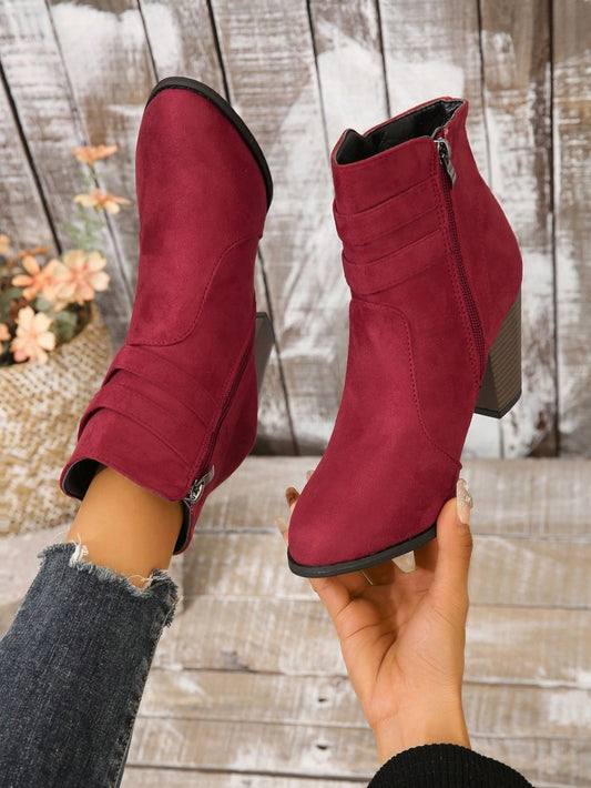 جزمة بوت إلى الكاحل خريف سحاب جانبي للنساء أحمر جلد سويدي مكتنز كعب