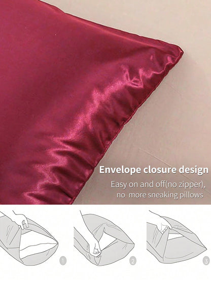 كيس وسادة موحد اللون ساتان، غطاء وسادة ناعم مع إغلاق مغلف لغرفة النوم، مستلزمات الفراش 2 قطعة