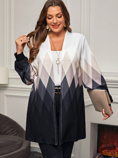 معطف بألوان مختلفة وطبعة المربعات الاستوائية وأزرار مفتوحة من الأمام بحجم زائد