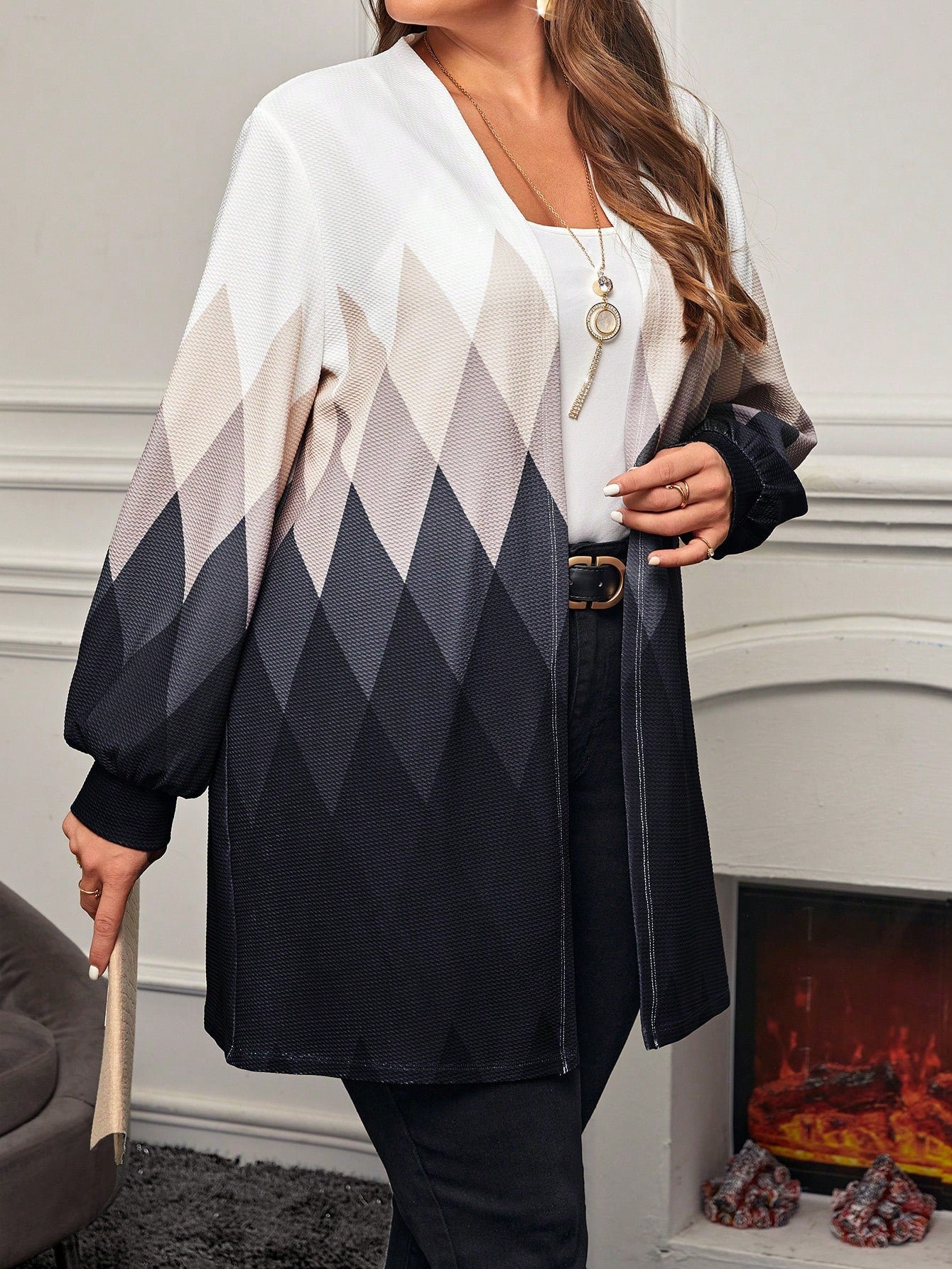 معطف بألوان مختلفة وطبعة المربعات الاستوائية وأزرار مفتوحة من الأمام بحجم زائد