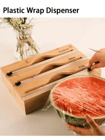 موزع أغلفة بلاستيكية من الخيزران ، رقائق الألومنيوم وصندوق تخزين أغلفة بلاستيكية