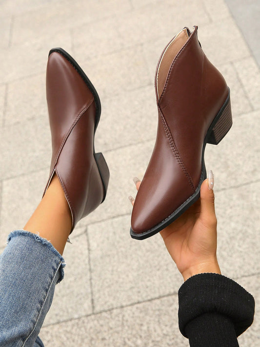 جزمة برقبة طويلة أسلوب بريطاني عتيق أسود للنساء , ربيع خريف موسم كعب متوسط اصبع مدبب مكتنز كعب كاحل حذاء طويل