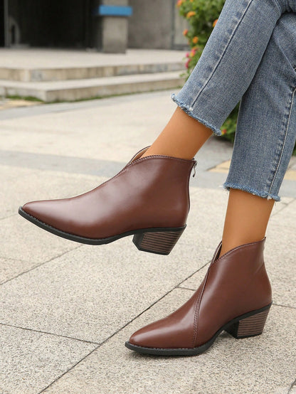 جزمة برقبة طويلة أسلوب بريطاني عتيق أسود للنساء , ربيع خريف موسم كعب متوسط اصبع مدبب مكتنز كعب كاحل حذاء طويل