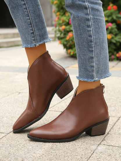 جزمة برقبة طويلة أسلوب بريطاني عتيق أسود للنساء , ربيع خريف موسم كعب متوسط اصبع مدبب مكتنز كعب كاحل حذاء طويل