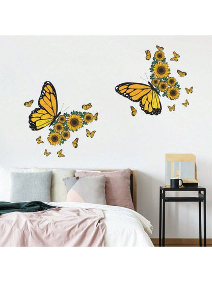 ملصقات حائط الفراشة مع زهرة عباد الشمس، ملصقات جدارية لزهرة عباد الشمس مع الفراشة لديكور المكتب المنزل غرفة المعيشة غرفة النوم والحفلات