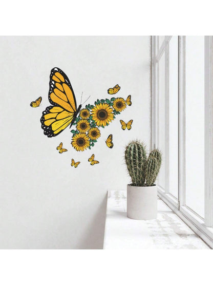 ملصقات حائط الفراشة مع زهرة عباد الشمس، ملصقات جدارية لزهرة عباد الشمس مع الفراشة لديكور المكتب المنزل غرفة المعيشة غرفة النوم والحفلات