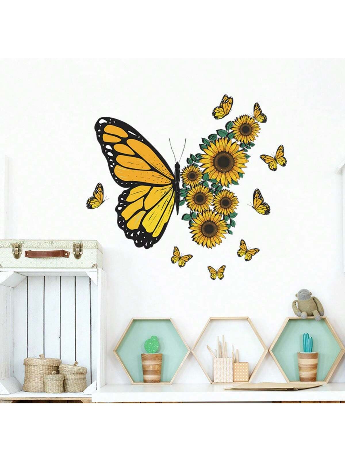 ملصقات حائط الفراشة مع زهرة عباد الشمس، ملصقات جدارية لزهرة عباد الشمس مع الفراشة لديكور المكتب المنزل غرفة المعيشة غرفة النوم والحفلات