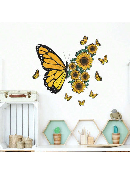 ملصقات حائط الفراشة مع زهرة عباد الشمس، ملصقات جدارية لزهرة عباد الشمس مع الفراشة لديكور المكتب المنزل غرفة المعيشة غرفة النوم والحفلات