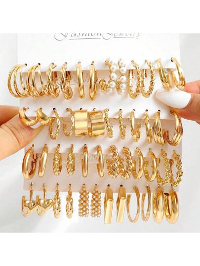 مجموعة 12 قطعة من الأقراط الهندسية البسيطة المصنوعة من اللؤلؤ الصناعي والمعدن للنساء، هدية للأعياد والمواعيد العاطفية والإرتداء اليومي