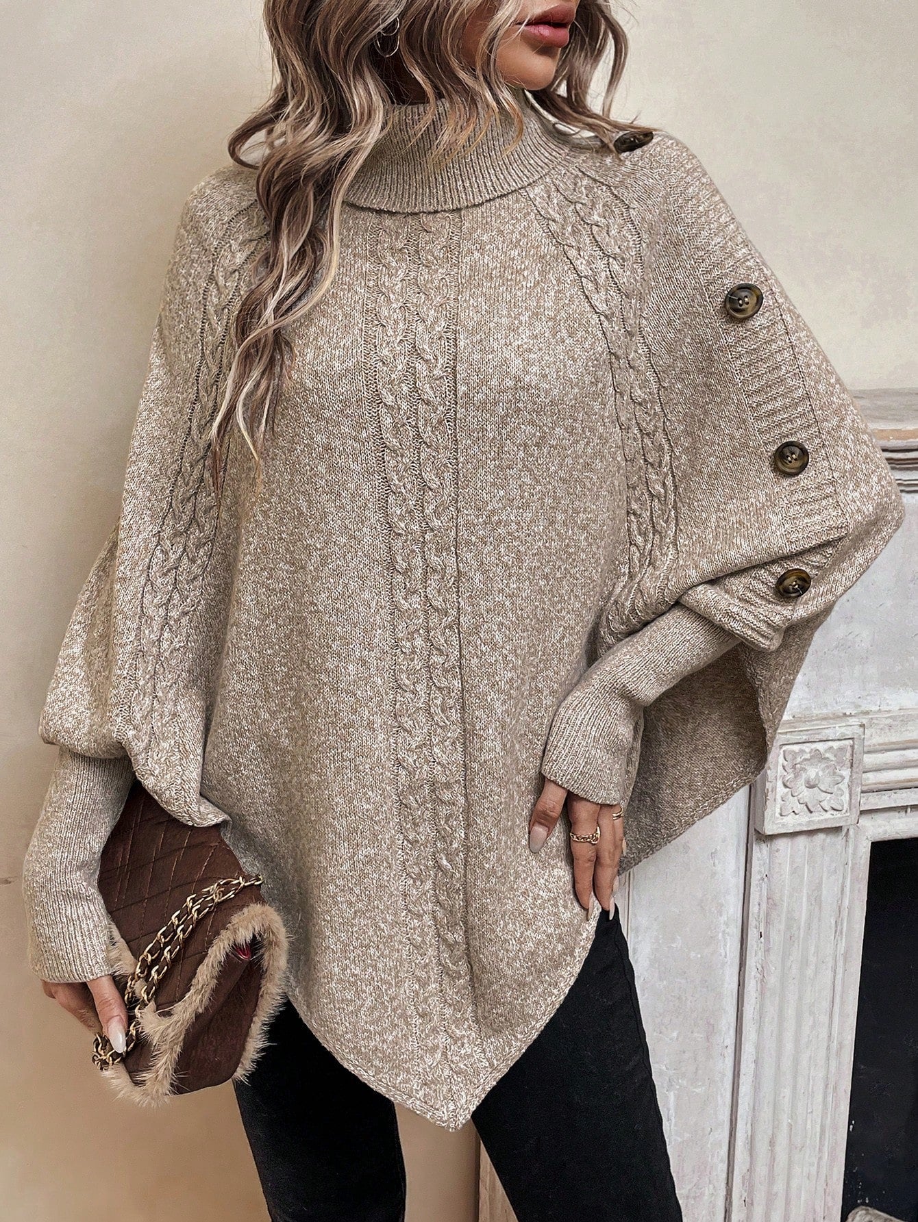 كنزة صوفية كاجوال بياقة ضيقة للنساء، أكمام طويلة