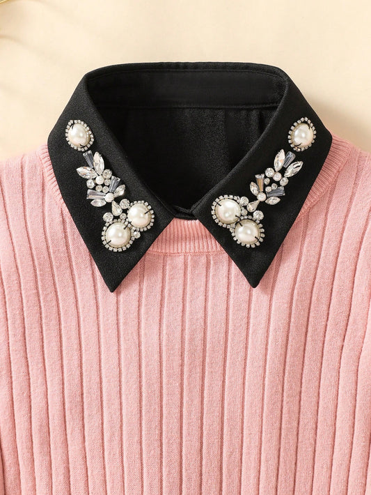 زينة طوق القميص منعزل الموضة البسيطة بالخرز الثقيل للنساء، لون أسود