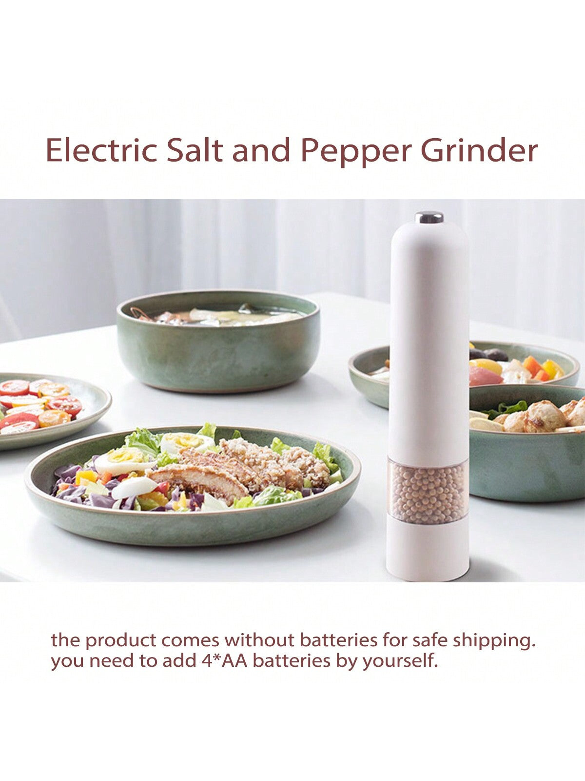 قطعة واحدة من مطحنة الملح والفلفل الكهربائية التي تعمل بالبطارية (البطارية غير متضمنة)، مسند مطحنة مجاني، تشغيل تلقائي بيد واحدة، خشونة قابلة للتعديل، مطحنة توابل أوتوماتيكية مع خشونة قابلة للتعديل، مثالية للطهي المنزلي والشواء، أبيض