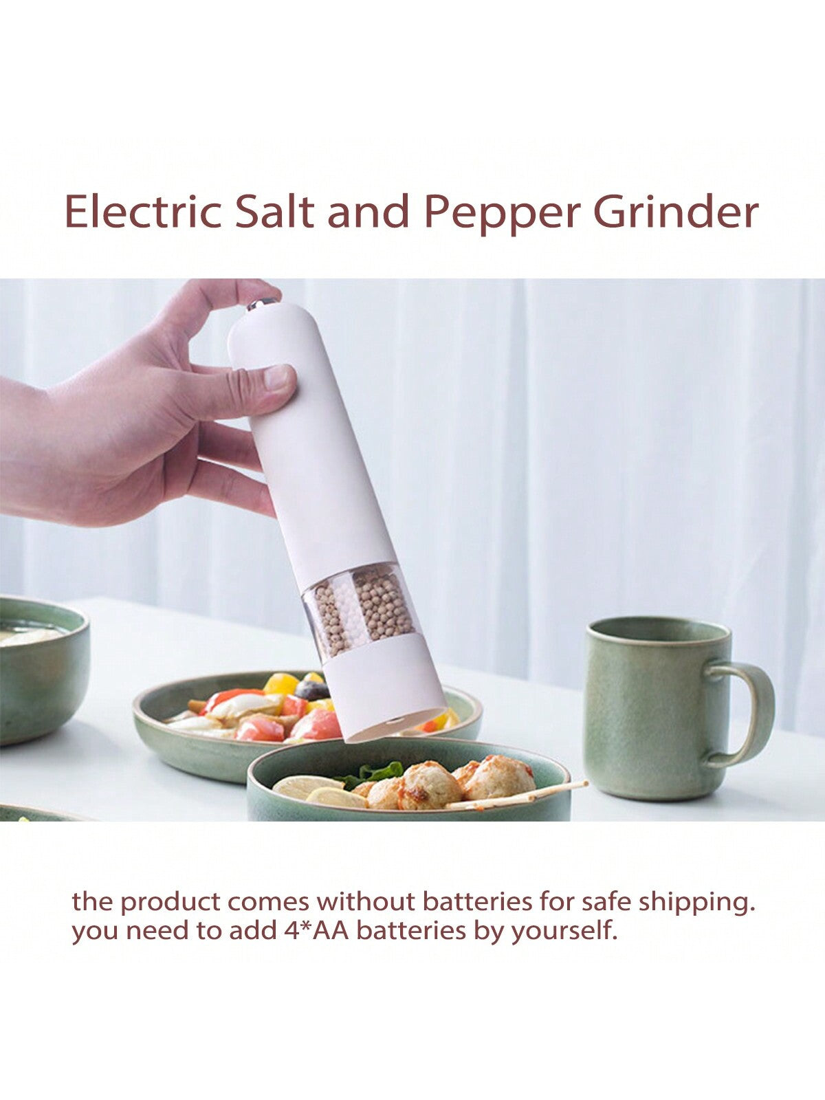 قطعة واحدة من مطحنة الملح والفلفل الكهربائية التي تعمل بالبطارية (البطارية غير متضمنة)، مسند مطحنة مجاني، تشغيل تلقائي بيد واحدة، خشونة قابلة للتعديل، مطحنة توابل أوتوماتيكية مع خشونة قابلة للتعديل، مثالية للطهي المنزلي والشواء، أبيض