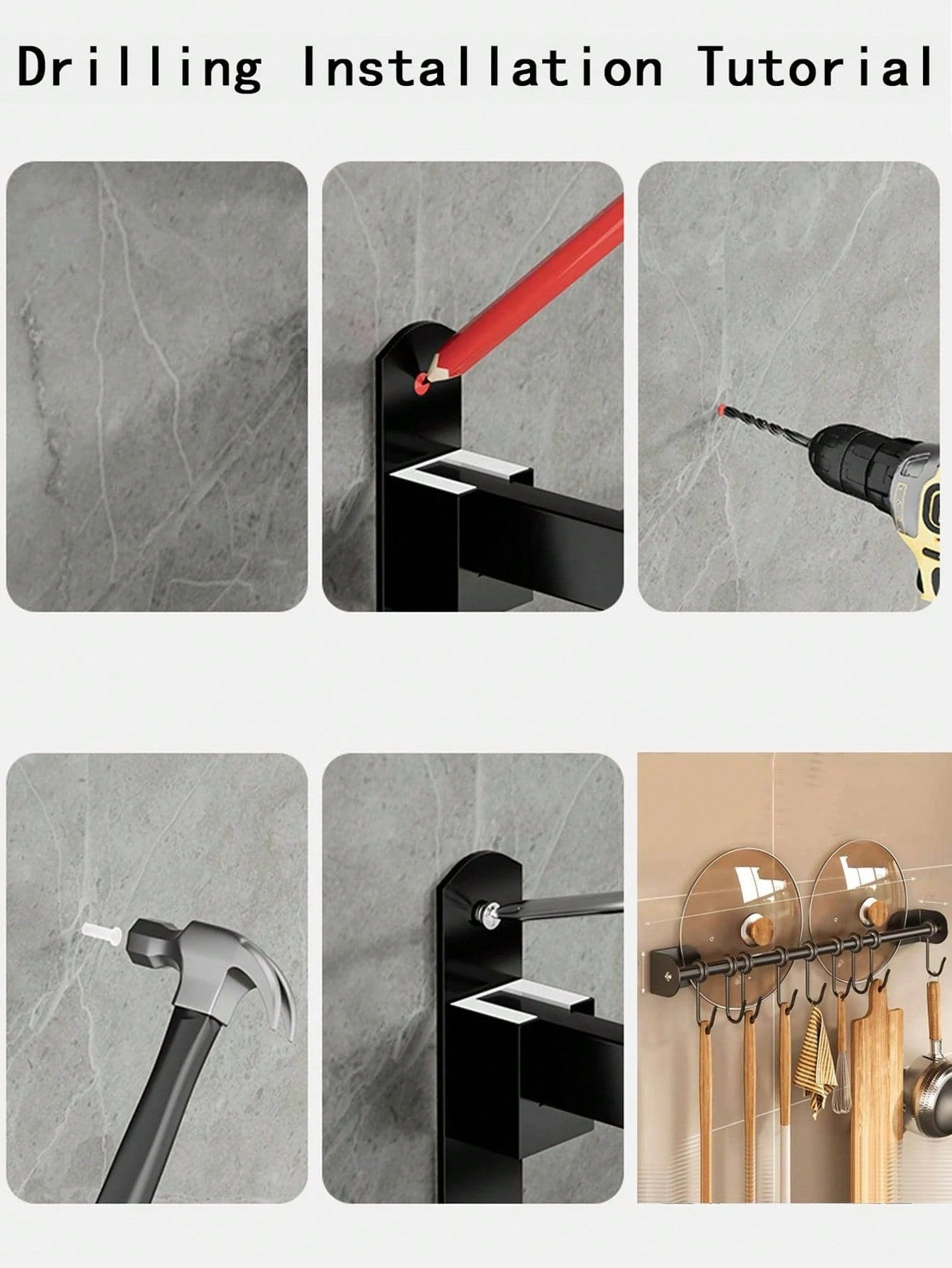 حامل أدوات المطبخ للتركيب على الحائط 1/2 قطعة، عصري، مزود بقضيب جداري، خطاف تخزين، قابل للتحريك، معلق قابل للتعليق، معلق الملعقة، حامل أدواتالمطبخ، منظم حامل تخزين معدات المطبخ، ملحقات المطبخ