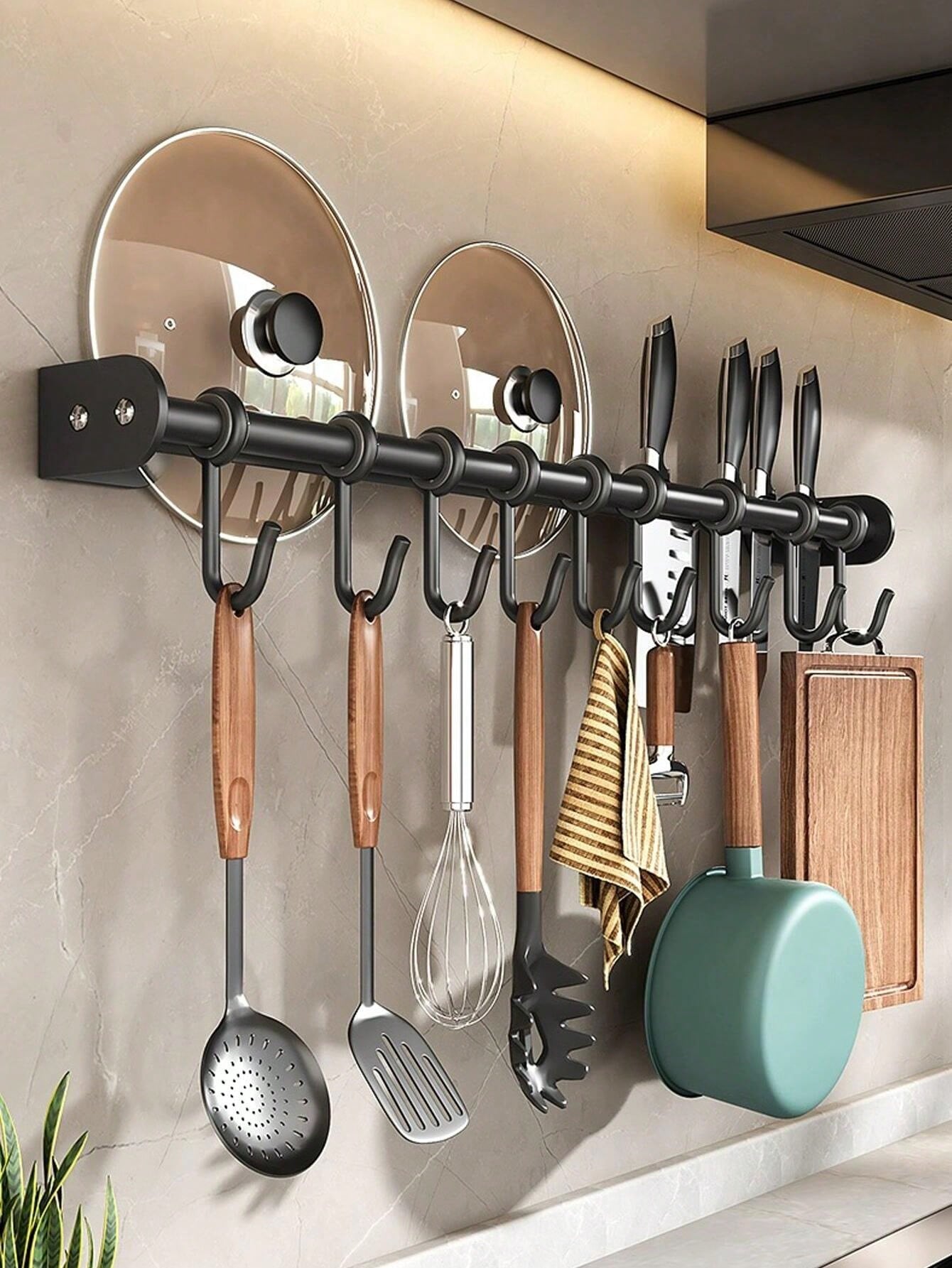 حامل أدوات المطبخ للتركيب على الحائط 1/2 قطعة، عصري، مزود بقضيب جداري، خطاف تخزين، قابل للتحريك، معلق قابل للتعليق، معلق الملعقة، حامل أدواتالمطبخ، منظم حامل تخزين معدات المطبخ، ملحقات المطبخ