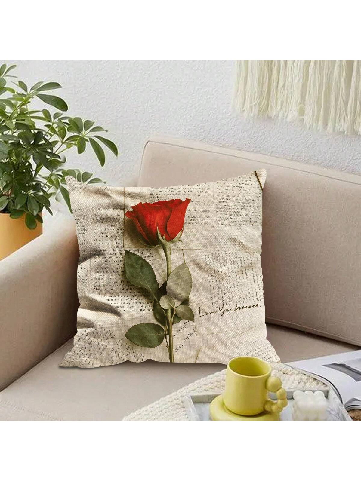 قطعة واحدة من غطاء وسادة من الكتان من جانب واحد بنمط الورد،