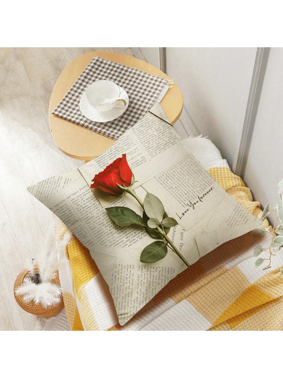 قطعة واحدة من غطاء وسادة من الكتان من جانب واحد بنمط الورد،