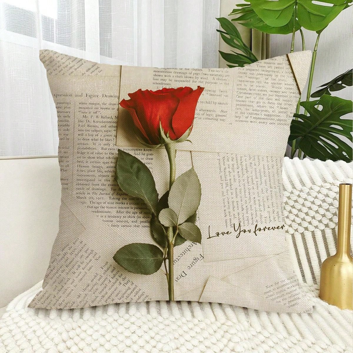 قطعة واحدة من غطاء وسادة من الكتان من جانب واحد بنمط الورد،