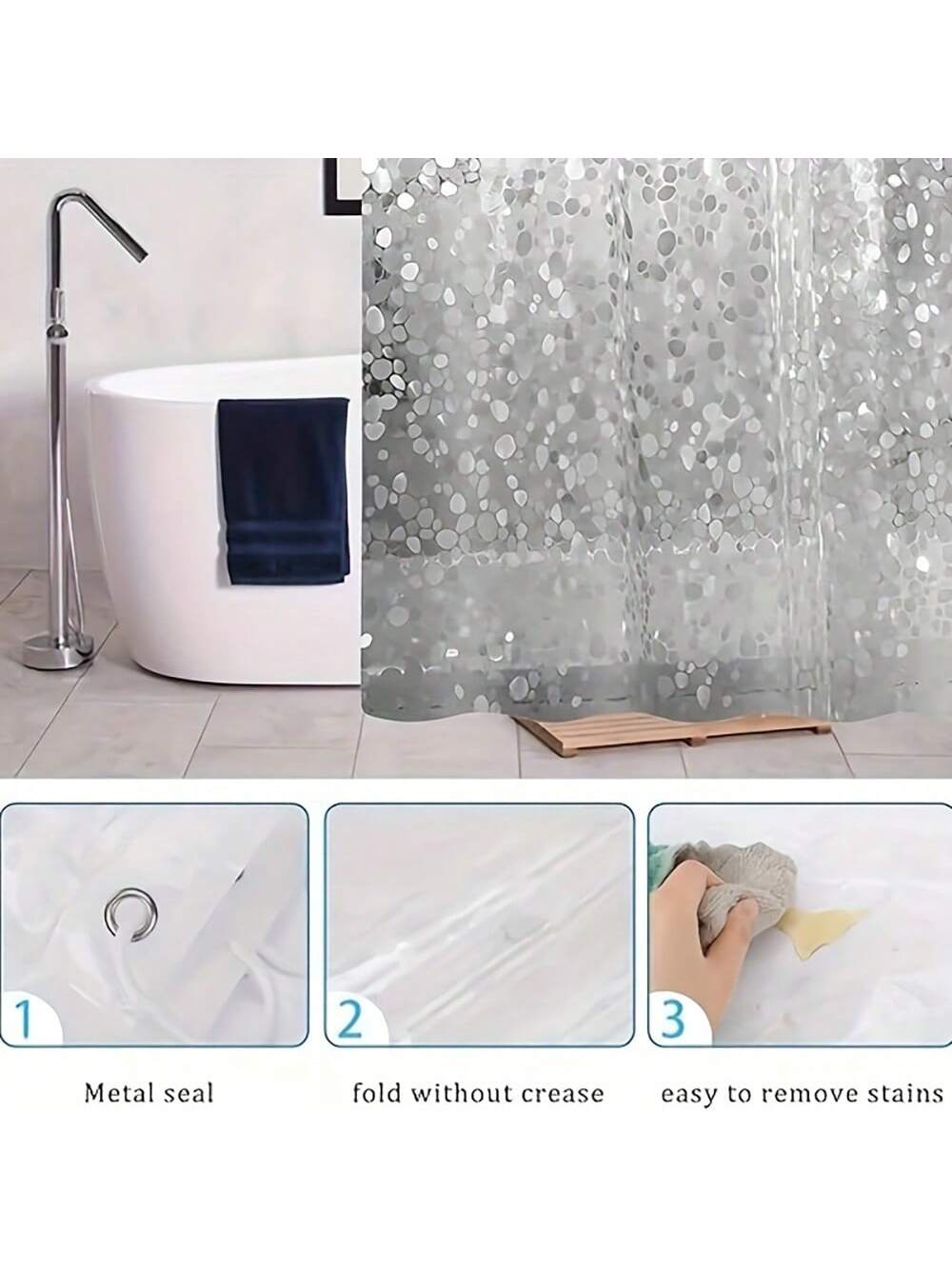 قطعة واحدة ستائر دش من إي فى إيه بملمس حصوي مقاوم للماء وخالي من الروائح الكريهة، شفافة للحمام، بدون خطافات