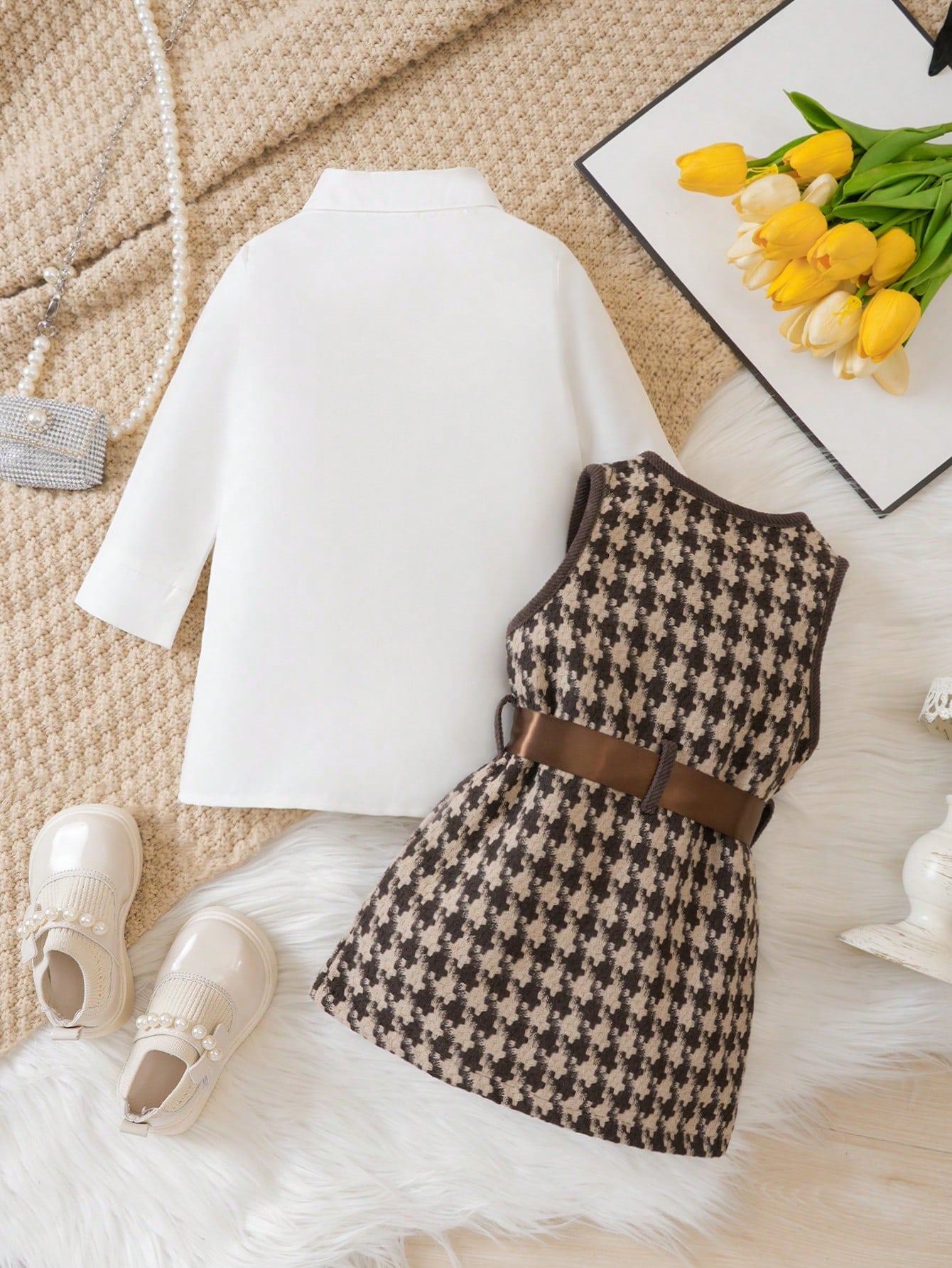 مجموعة بناتية لربيع/خريف/شتاء: سترة صوف كبيس كثيفة بستايل شبكي وقميص مربعات