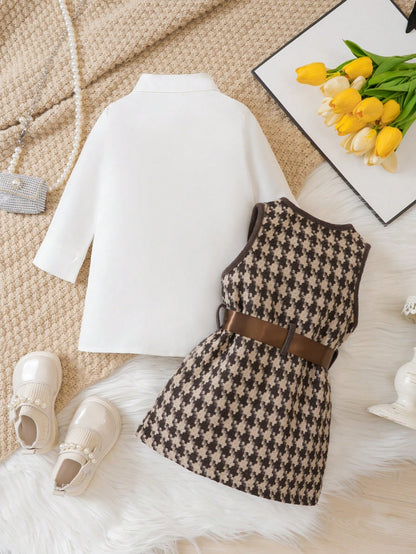 مجموعة بناتية لربيع/خريف/شتاء: سترة صوف كبيس كثيفة بستايل شبكي وقميص مربعات