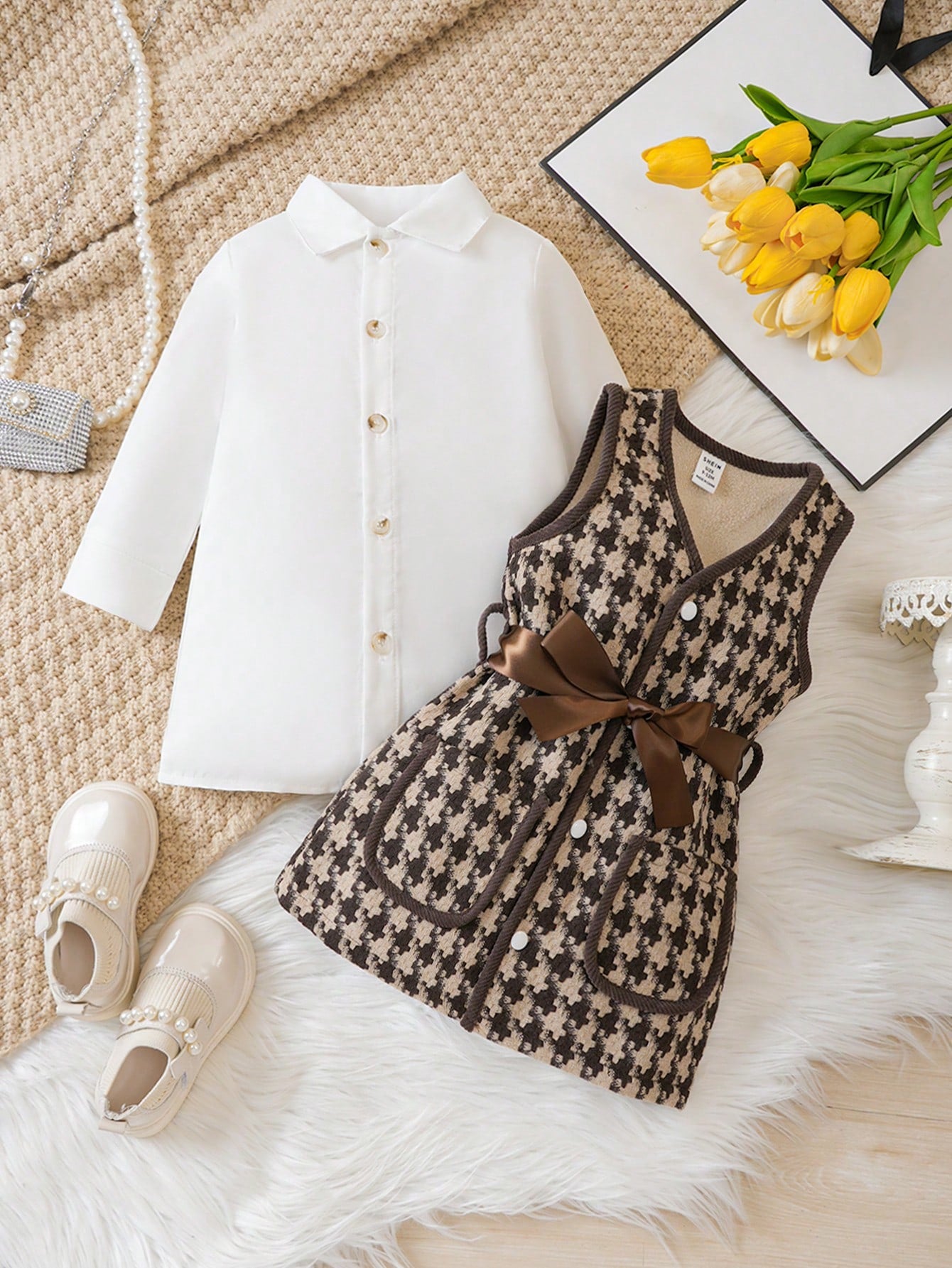 مجموعة بناتية لربيع/خريف/شتاء: سترة صوف كبيس كثيفة بستايل شبكي وقميص مربعات