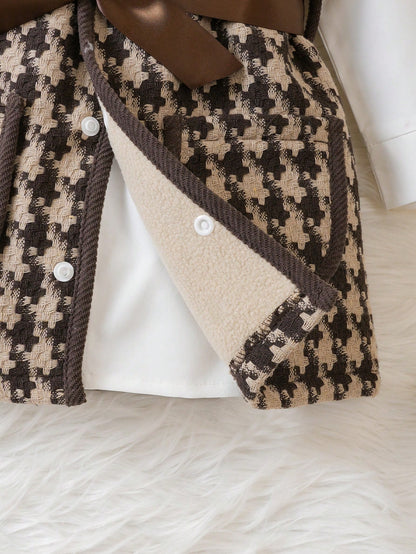 مجموعة بناتية لربيع/خريف/شتاء: سترة صوف كبيس كثيفة بستايل شبكي وقميص مربعات