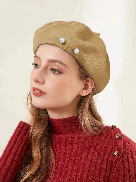 قبعة صوفية كلاسيكية خاصة بالمرأة تعود إلى فترة Y2k مزينة بقطع اللؤلؤ , مناسبة للارتداء اليومي