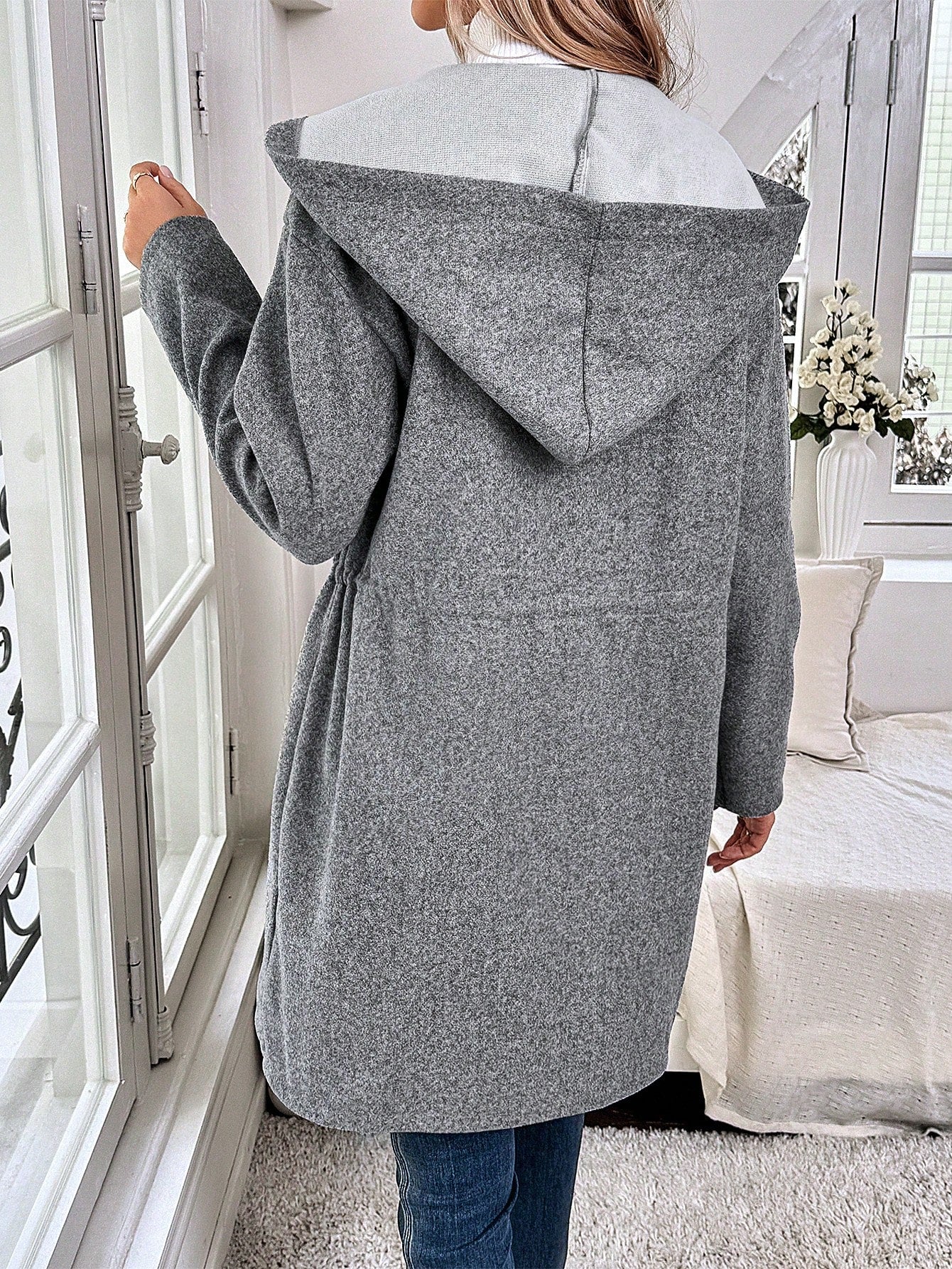 سترة صوفية نسائية ذات غطاء رأس وخصر برباط