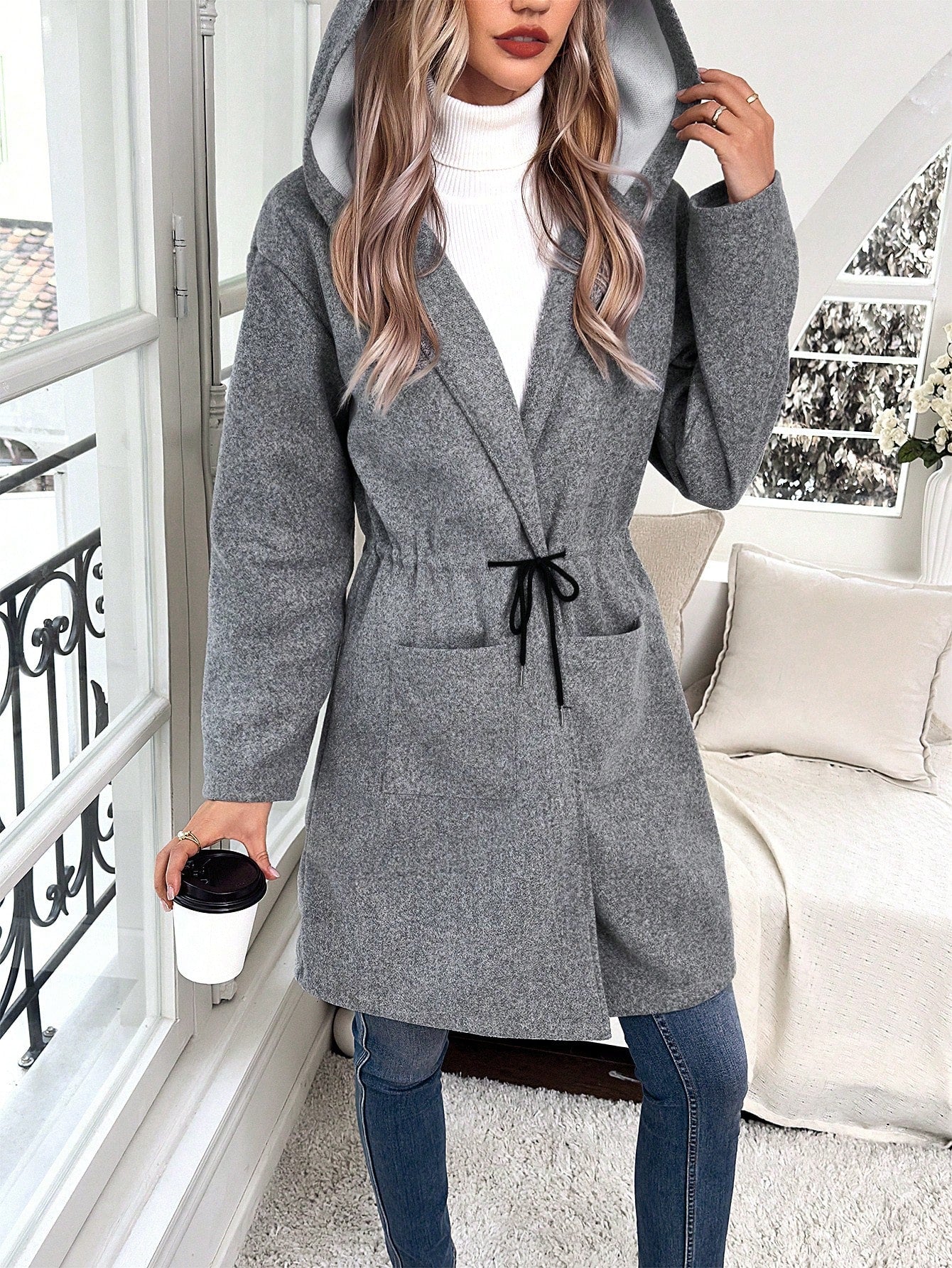 سترة صوفية نسائية ذات غطاء رأس وخصر برباط