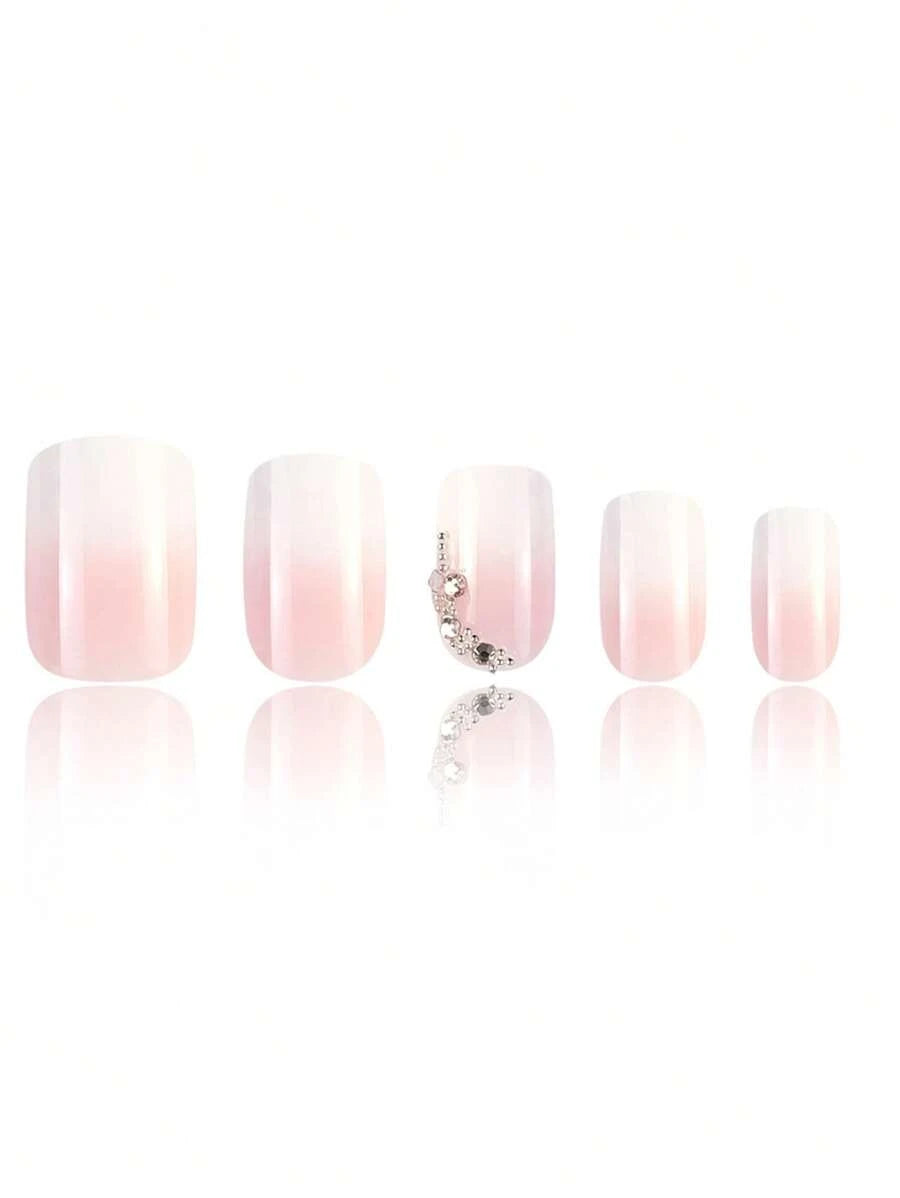 الأظافر الاصطناعية المربعة القصيرة الأنيقة، الوردي والأبيض