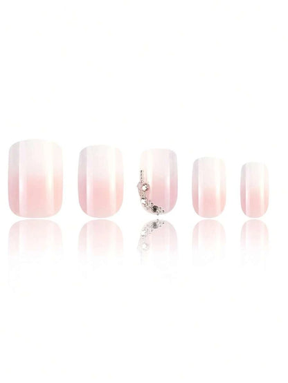 الأظافر الاصطناعية المربعة القصيرة الأنيقة، الوردي والأبيض
