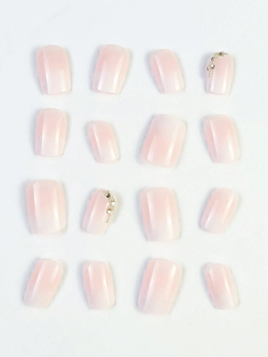 الأظافر الاصطناعية المربعة القصيرة الأنيقة، الوردي والأبيض