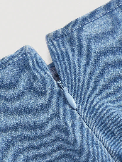 بلوزة جينز بكم مكشوف بكتف واحد واكمام مجعدة للنساء