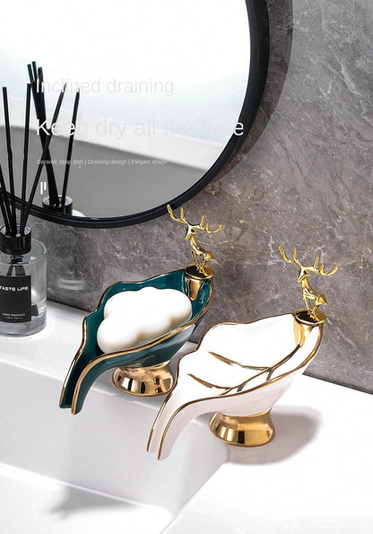 موزع صابون على شكل ورقة، صينية صابون حمام على الرف العلوي، سلة الاستحمام، حامل الصابون، صينية صابون سيراميك لتزيين المنزل.