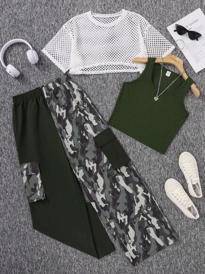 مجموعة مكونة من قطعتين وبنطلون ثلاثي لفتاة مراهقة