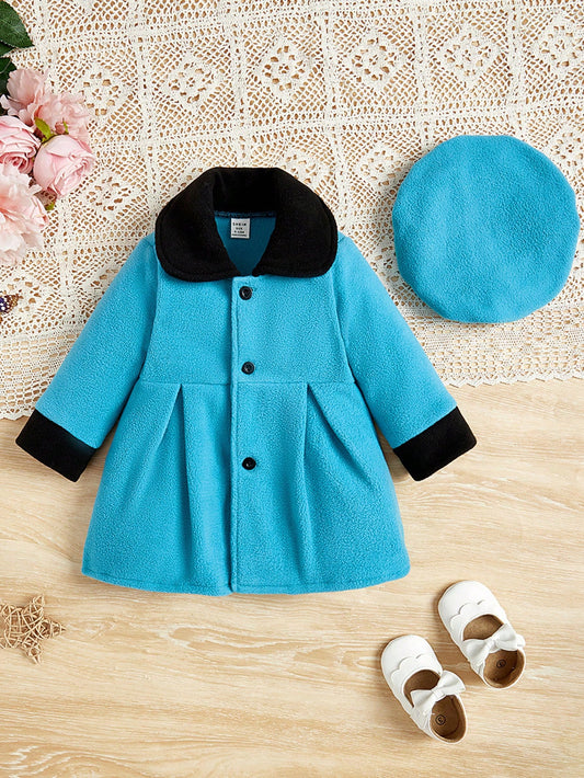 للبنات الاطفال ياقة متباينة تجاعيد مطوية معطف & قبعة